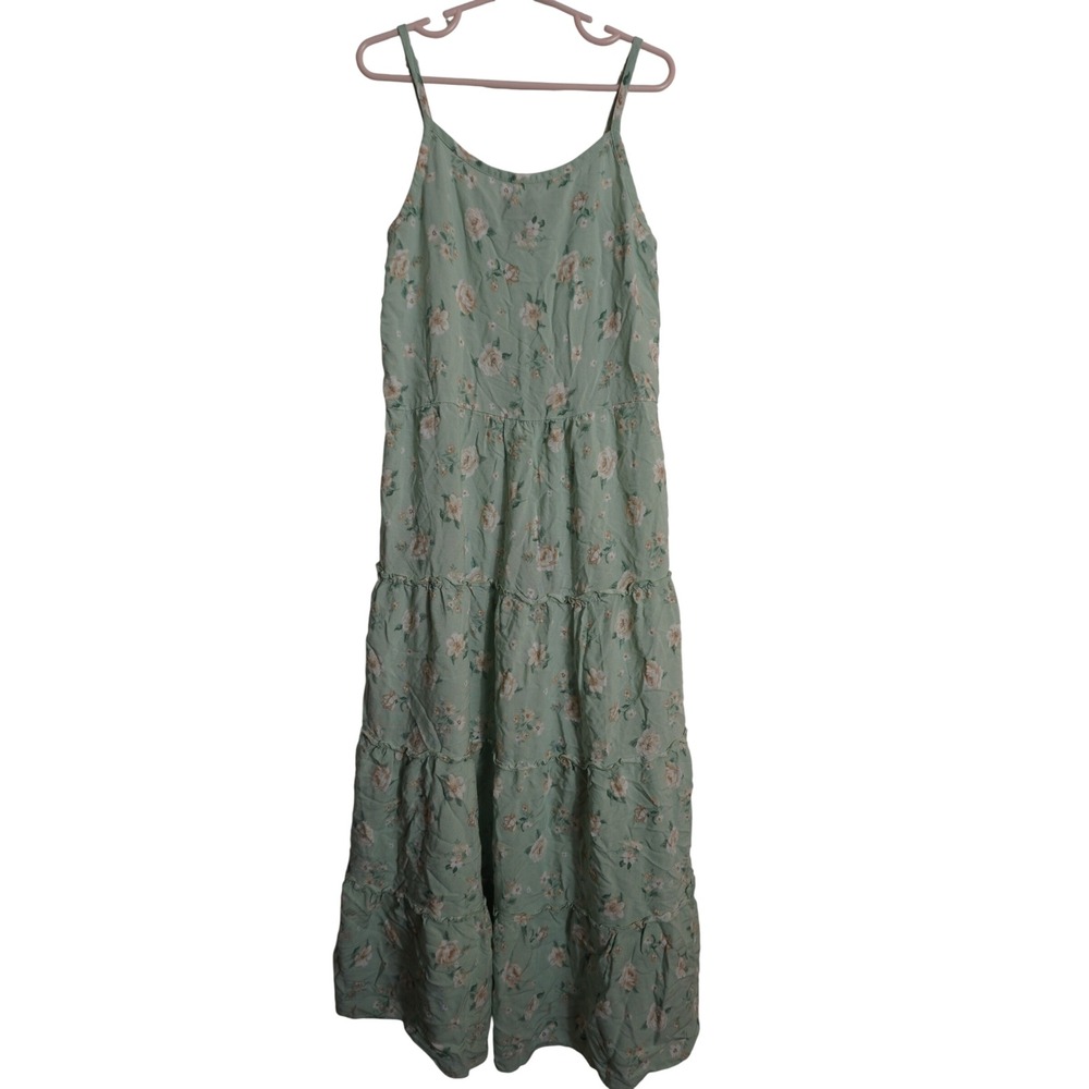 IZ Byer Girl Tiered Maxi Dress Size 14 Floral Sage Green Cami Strap